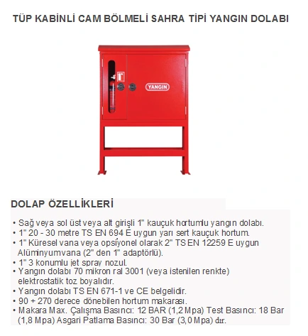 Tüp Kabinli Cam Bölmeli Sahra Tipi Yangın Dolabı